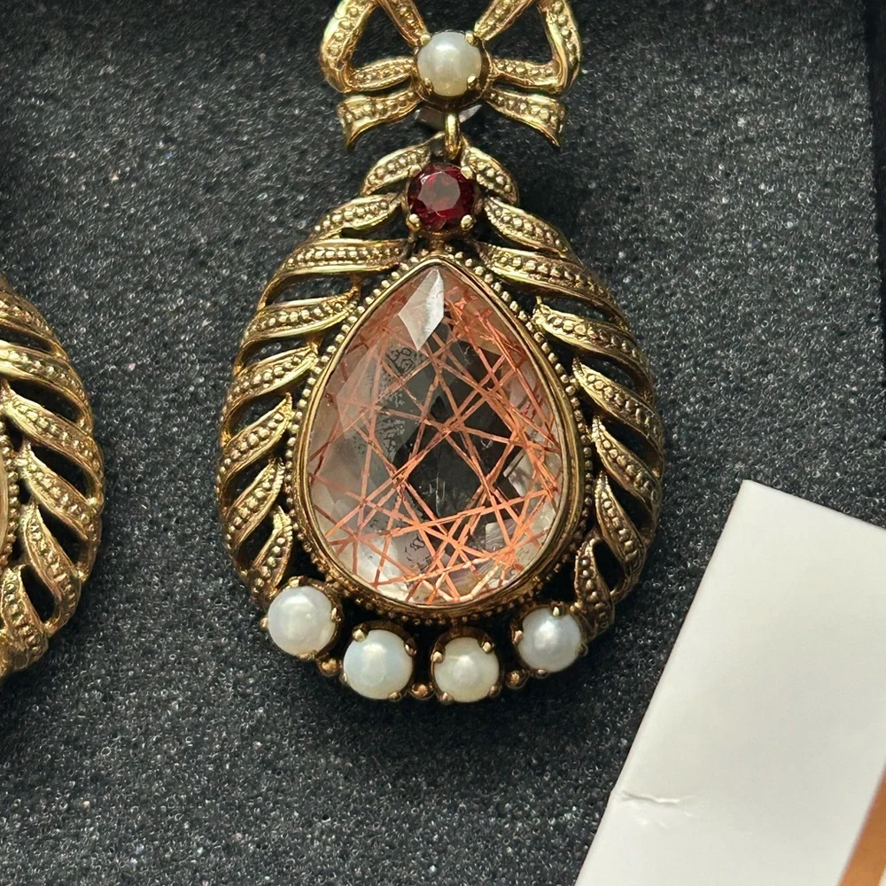 Nicky Butler Gold Tone Quartz, Pearl, And Garnet Bow Drop Dangle Earrings - Picture 3 of 3